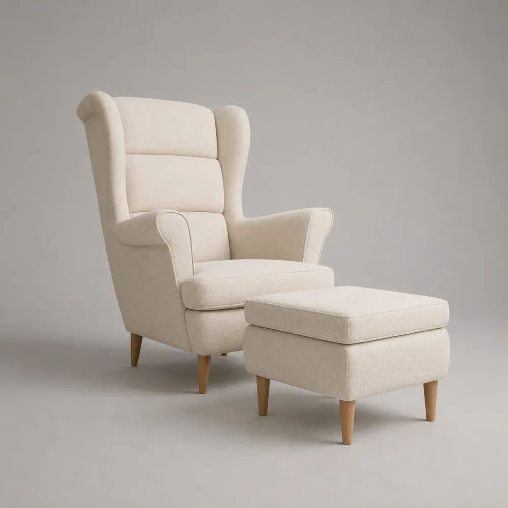 Ohrensessel mit Hocker, 2-teilig, Stoff, Creme/Hellbraun, Sessel 82 × 88 × 110 cm, Hocker 65 × 48 × 43 cm