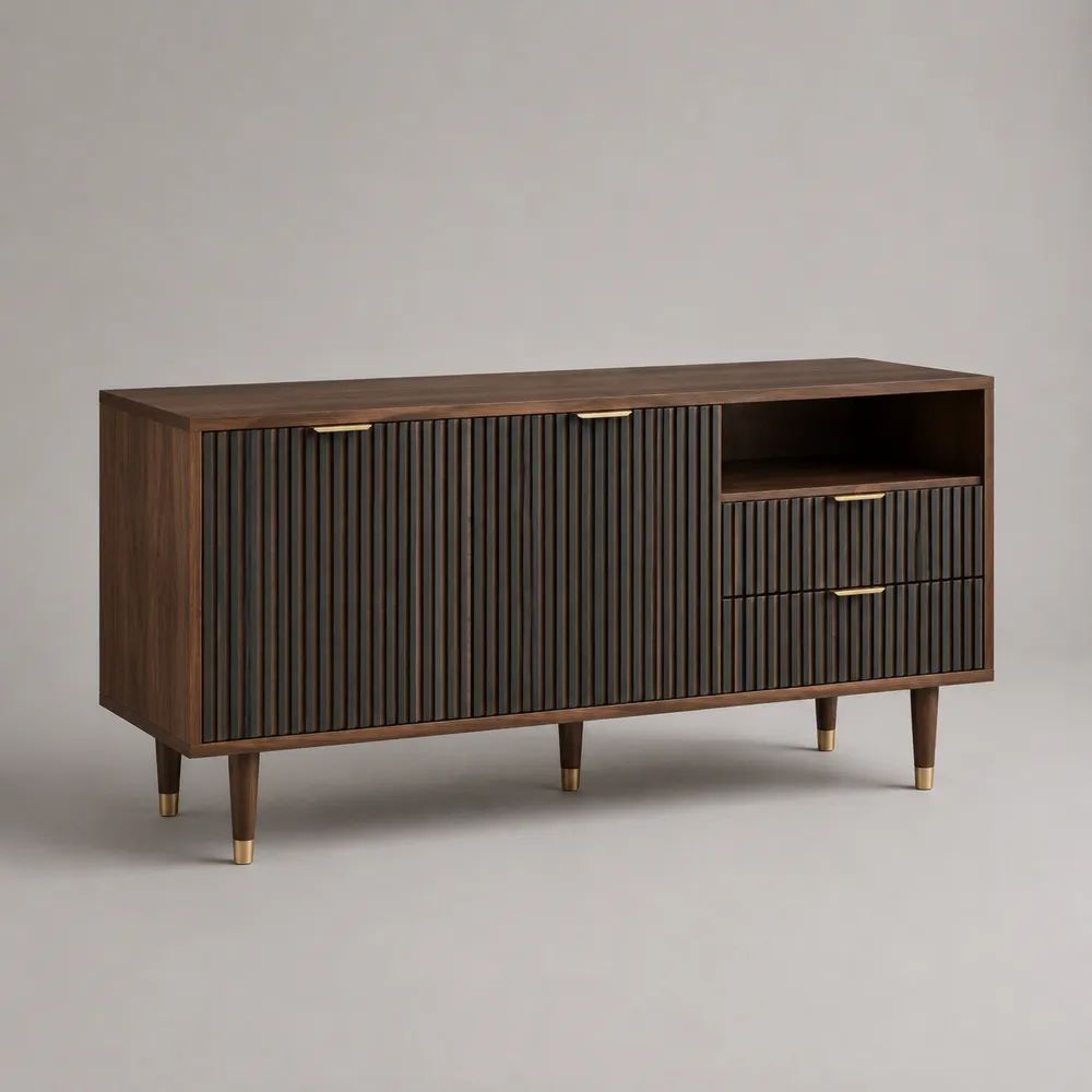 TV-Sideboard aus MDF mit Walnussfurnier, 2 Türen, 2 Schubladen und offenem Fach, Dunkelbraun/Braun/Messingfarben, 160 × 40 × 80 cm