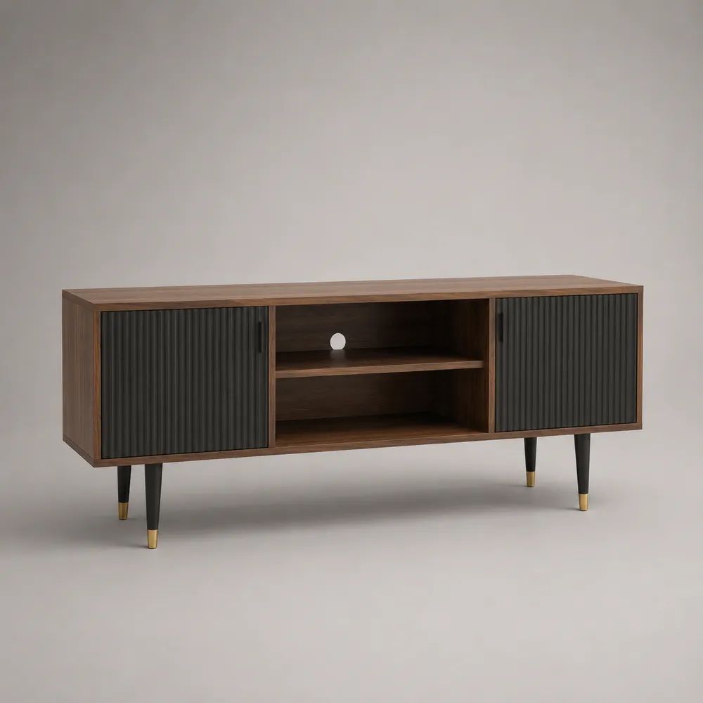 TV-Lowboard aus MDF mit Walnussdekor, 2 Lamellentüren und 2 offenen Fächern, Braun/Schwarz/Messingfarben, 150 × 40 × 70 cm