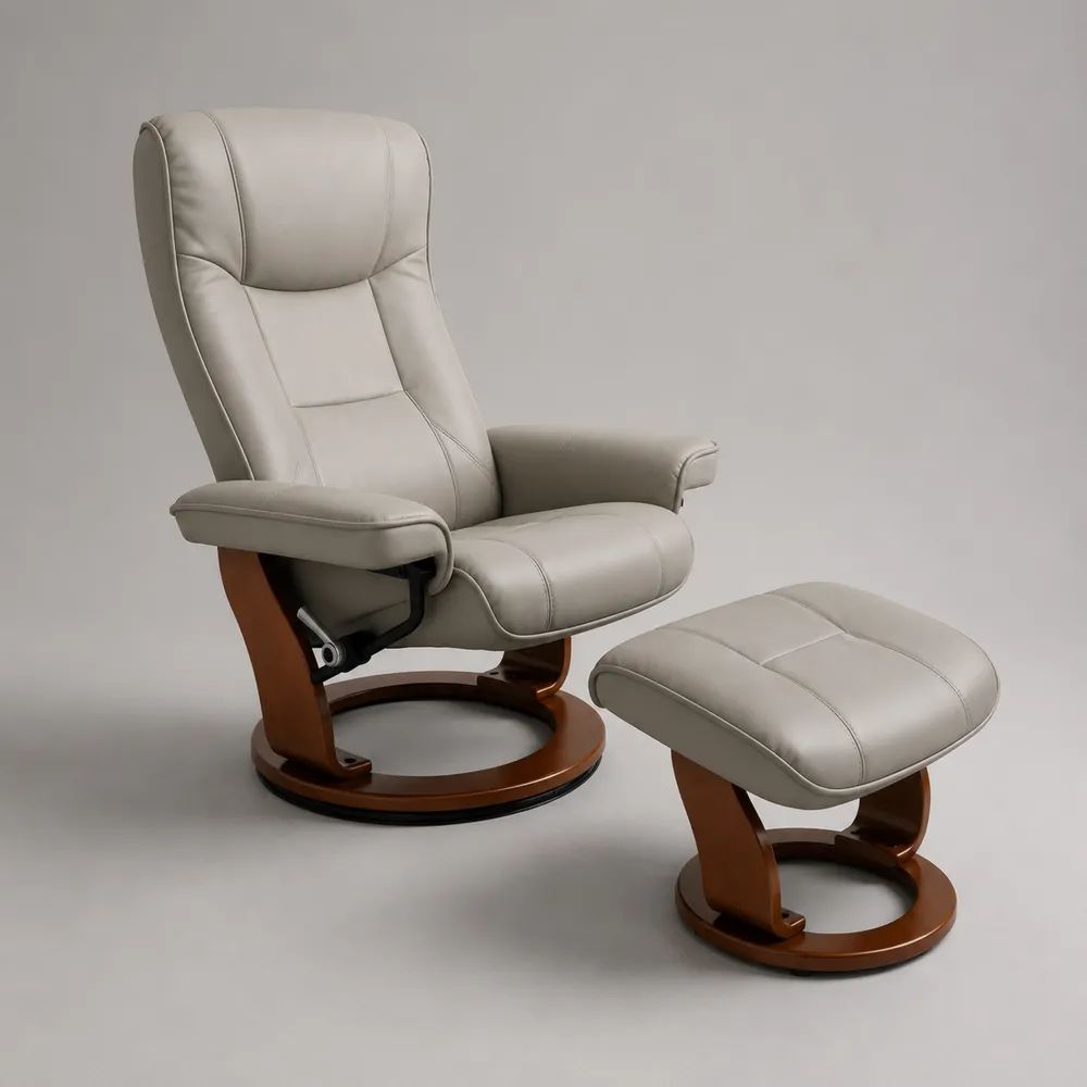 2-teiliger Relaxsessel mit Hocker, drehbar und neigungsverstellbar, aus PU-Kunstleder, Metall und Schichtholz, Taupe, Sessel 78 × 82 × 105 cm, Hocker 50 × 45 × 42 cm