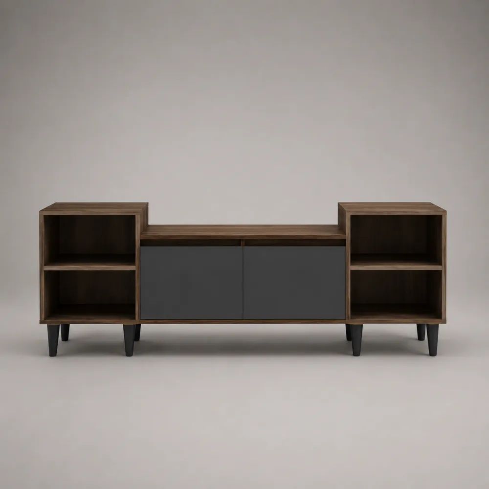 TV-Lowboard aus melaminbeschichteter Spanplatte mit 2 Türen und 4 offenen Fächern, Walnussbraun/Anthrazit, 180 × 40 × 72 cm
