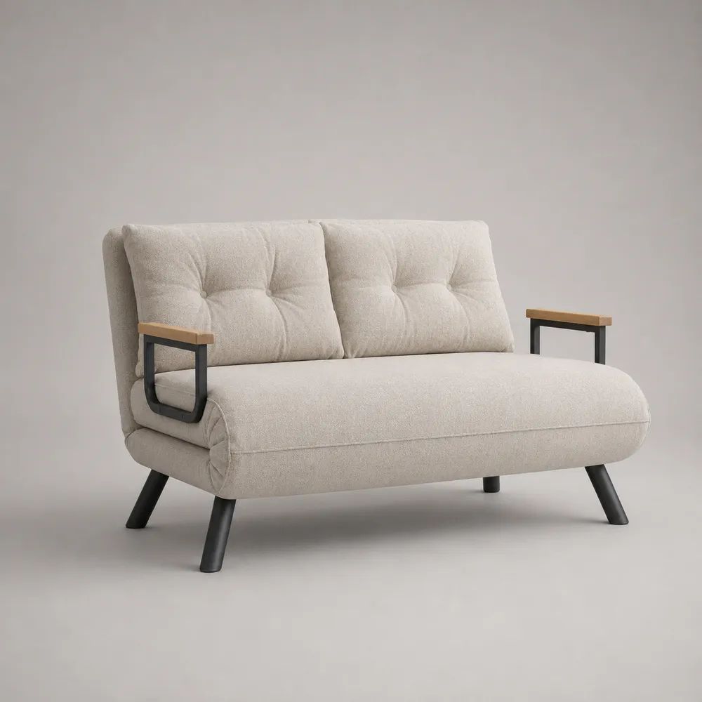 2-Sitzer-Sofa aus Polyester-Chenille mit Stahlgestell, Creme/Schwarz/Eichenfarben, 132 × 78 × 82 cm