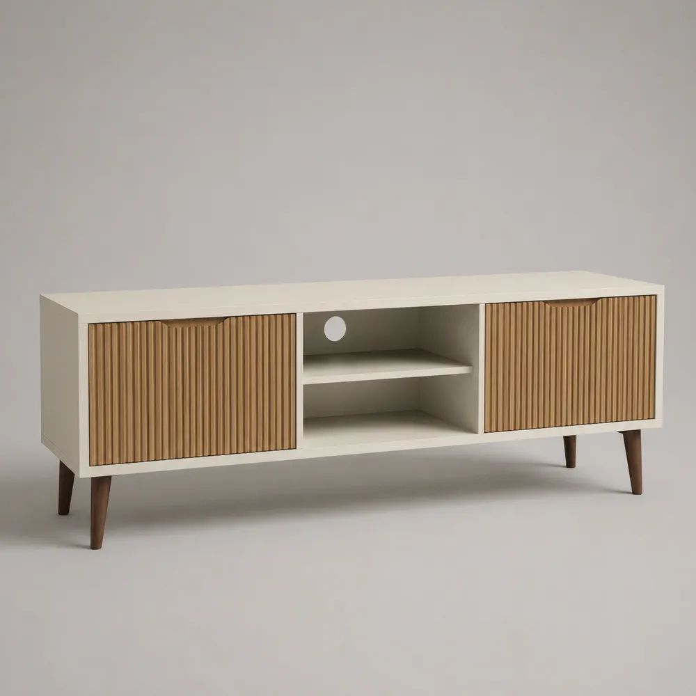 TV-Lowboard aus Spanplatte und MDF mit zwei Lamellentüren und Kabelführung, Weiß/Natur/Dunkelbraun, 150 × 40 × 65 cm