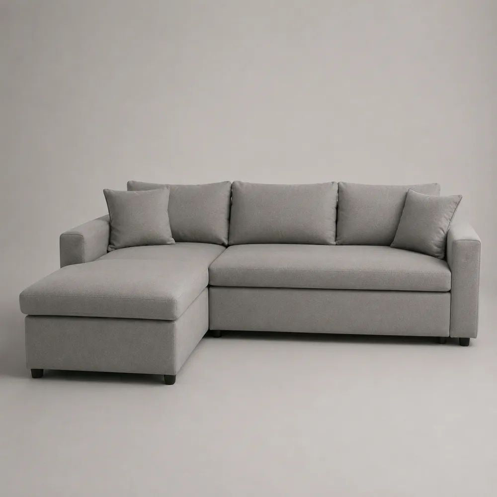 2-teiliges Ecksofa mit Ottomane links, 3-Sitzer in L-Form mit Stoffbezug, Hellgrau/Schwarz, 240 × 150 × 85 cm