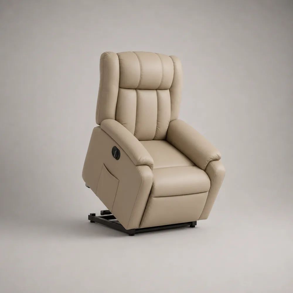 Elektrischer Aufstehsessel mit Liegefunktion, PU-Leder, Stahlgestell, Hochlehner, Beige, 78 × 92 × 105 cm