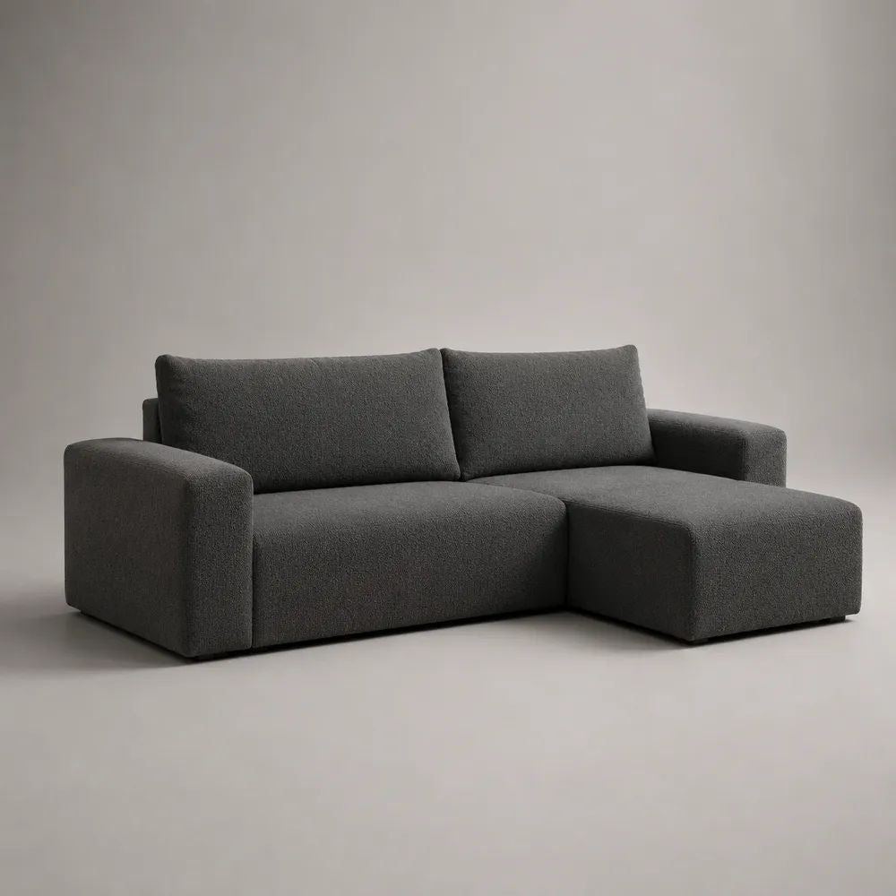 Ecksofa mit Ottomane rechts, 3-Sitzer aus Polyester-Bouclé, Dunkelgrau, L-Form, 230 x 160 x 85 cm