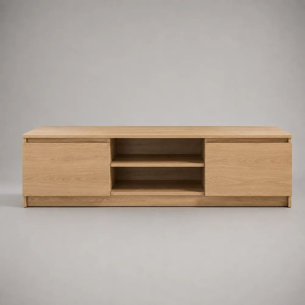 TV-Lowboard aus MDF mit Eichenfurnier, 2 Türen und 2 offenen Fächern, Eiche Natur, 180 × 40 × 60 cm