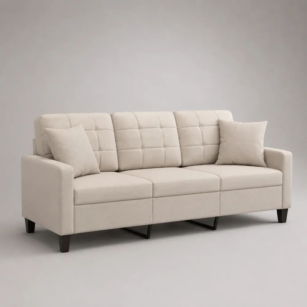 3-Sitzer-Sofa aus Stoff mit 2 Kissen, Beige/Schwarz, 198 × 82 × 87 cm