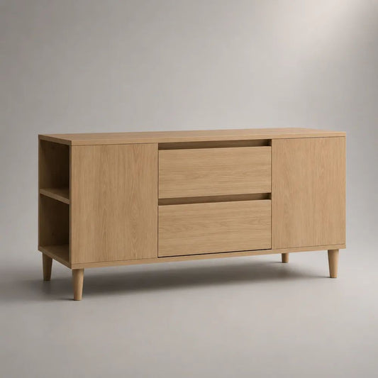 TV-Schrank und Sideboard aus MDF und Spanplatte mit Eichenfurnier, 2 Türen, 2 Schubladen und 2 offenen Fächern, Naturbraun, 160 × 40 × 80 cm