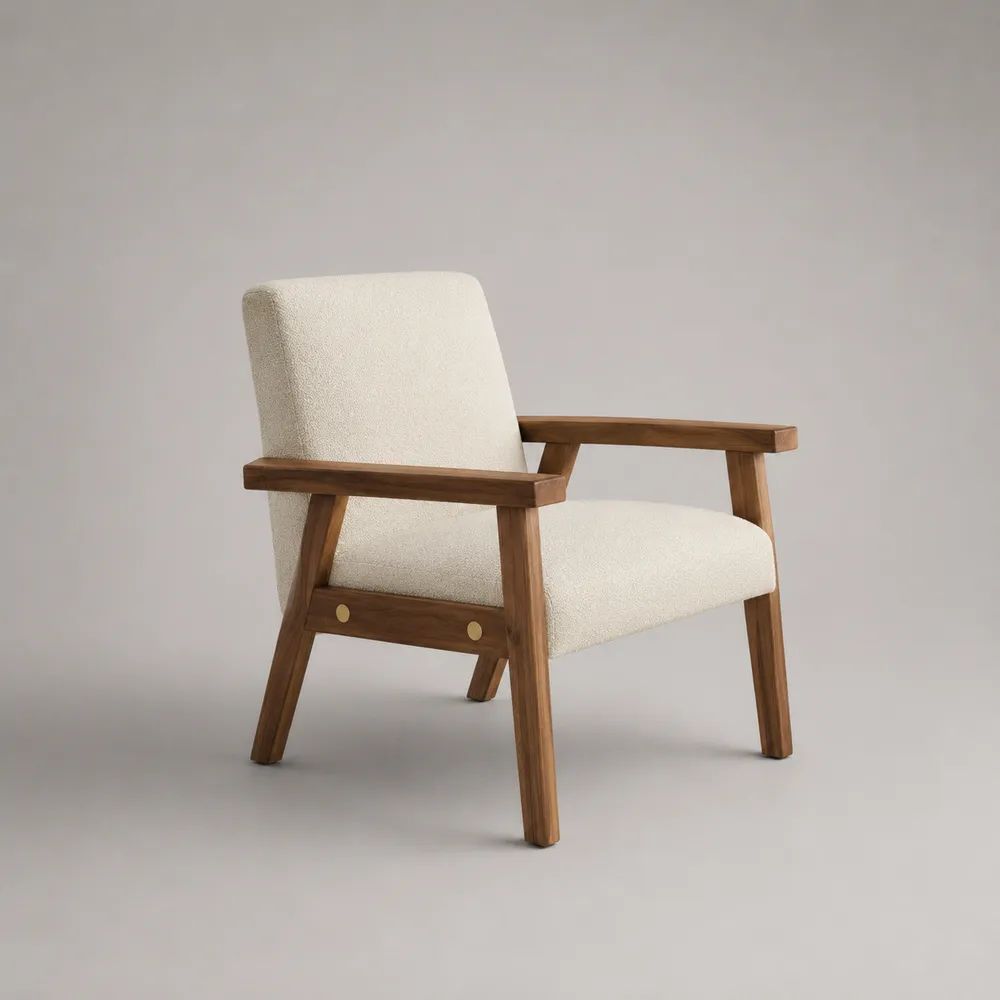 Loungesessel mit Armlehnen aus Massivholz und Polyester-Bouclé, Cremeweiß/Walnussbraun, 69 × 76 × 83 cm