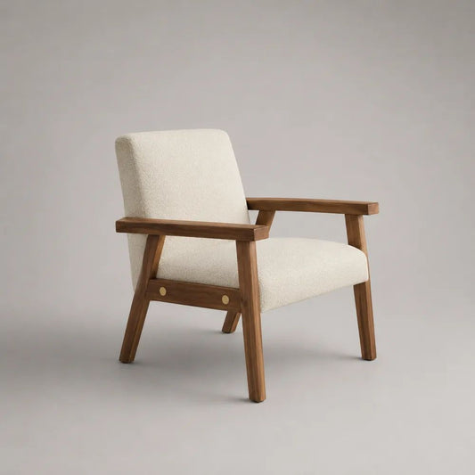 Loungesessel mit Armlehnen aus Massivholz und Polyester-Bouclé, Cremeweiß/Walnussbraun, 69 × 76 × 83 cm
