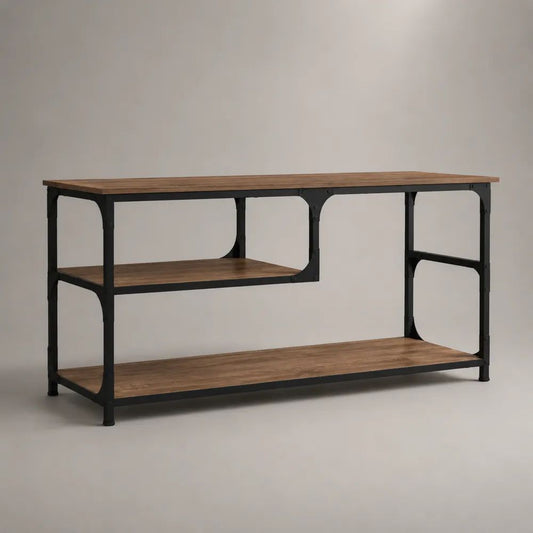 Rechteckiger TV-Schrank aus Holz und Stahl mit 3 Ablageflächen, Braun/Schwarz, 140 × 40 × 76 cm