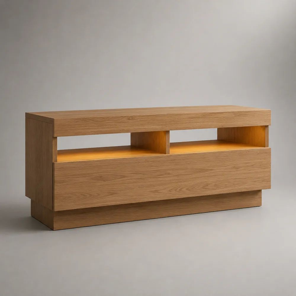 TV-Lowboard aus MDF mit Eichenfurnier, 2 Schubladen und 2 offenen Fächern, Eiche Natur, 140 × 40 × 60 cm