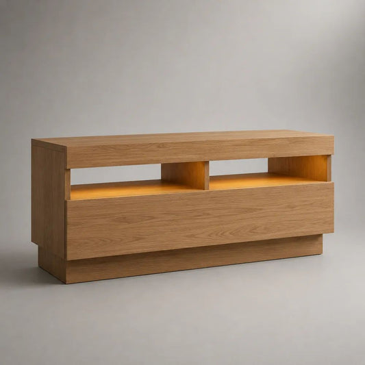 TV-Lowboard aus MDF mit Eichenfurnier, 2 Schubladen und 2 offenen Fächern, Eiche Natur, 140 × 40 × 60 cm