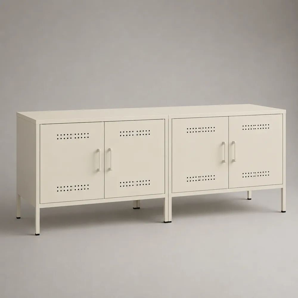2-teiliges TV-Schrank-Set aus Stahl mit 4 Türen, Cremeweiß, 160 × 40 × 70 cm