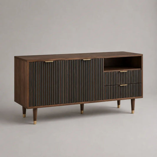 TV-Sideboard aus MDF mit Walnussfurnier, 2 Türen, 2 Schubladen und offenem Fach, Dunkelbraun/Braun/Messingfarben, 160 × 40 × 80 cm