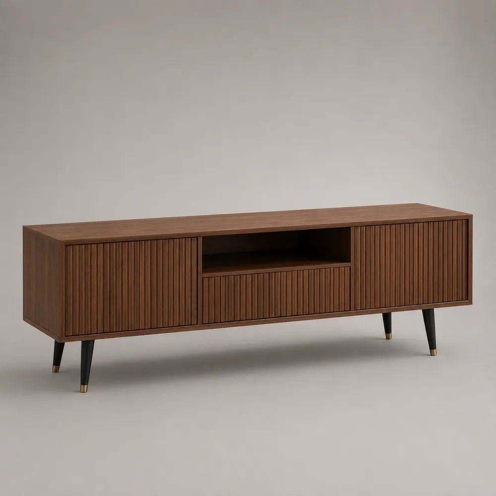 Rechteckiges TV-Lowboard aus MDF mit Walnussfurnier, Walnussbraun/Schwarz/Messingfarben, 180 × 40 × 60 cm