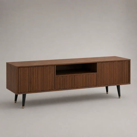 Rechteckiges TV-Lowboard aus MDF mit Walnussfurnier, Walnussbraun/Schwarz/Messingfarben, 180 × 40 × 60 cm