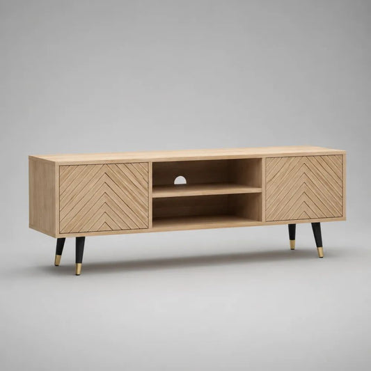 TV-Lowboard aus massivem Mangoholz und Stahl mit 2 Türen und 2 offenen Fächern, Natur/Schwarz/Messingfarben, 160 × 40 × 60 cm