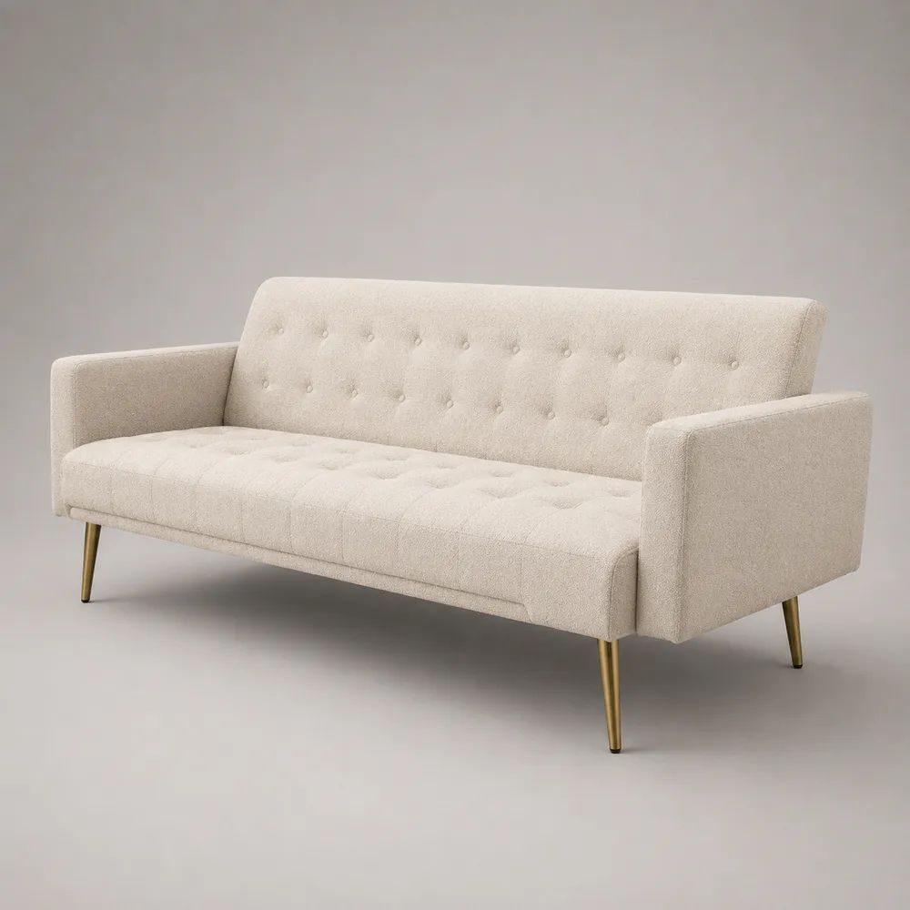3-Sitzer-Sofa aus Polyester-Bouclé mit Knopfheftung, Cremeweiß, 180 × 78 × 82 cm