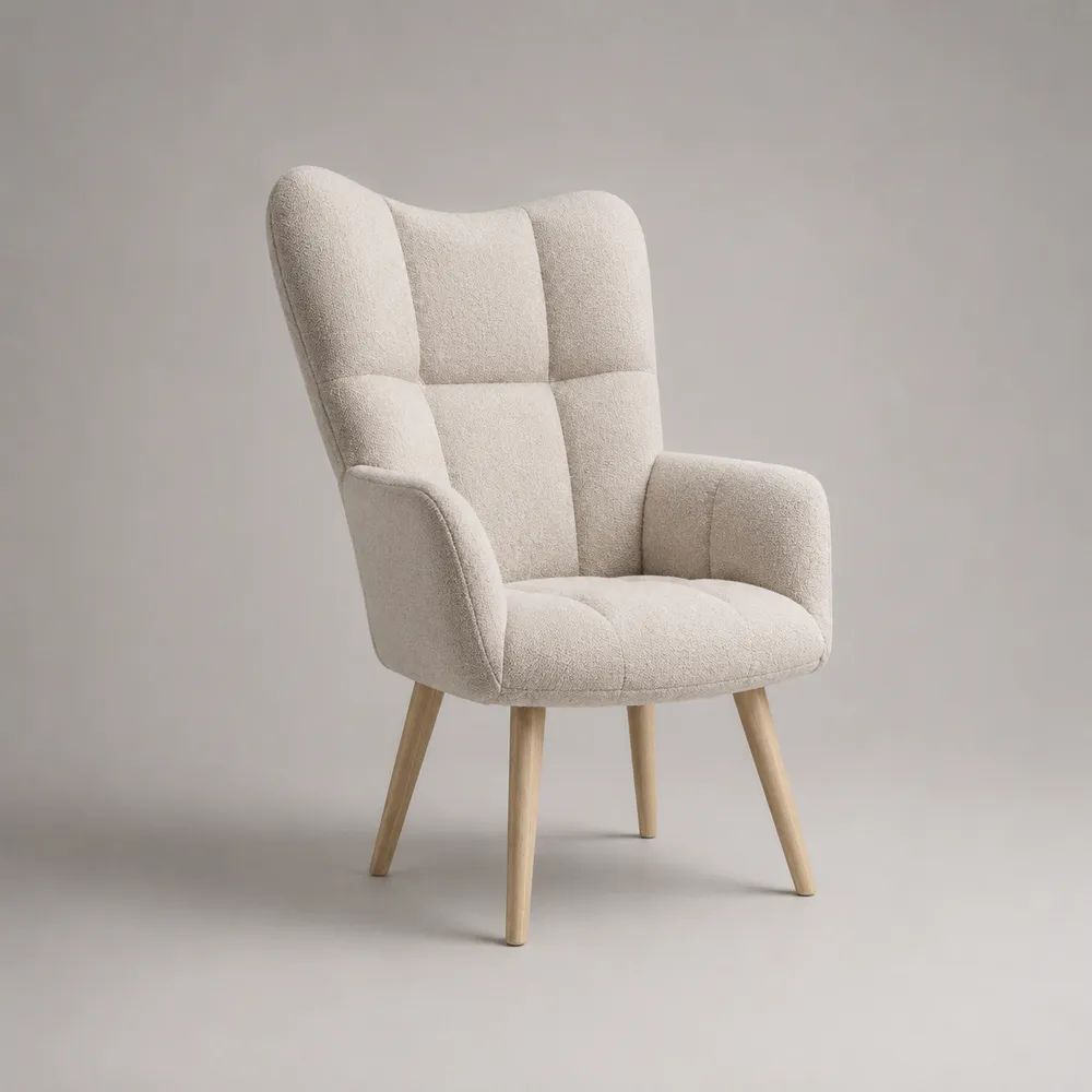 Bouclé-Sessel mit Armlehnen aus Polyester und Massivholz, Creme/Naturholz, 75 × 80 × 103 cm