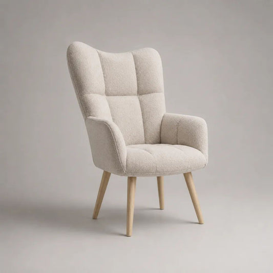 Bouclé-Sessel mit Armlehnen aus Polyester und Massivholz, Creme/Naturholz, 75 × 80 × 103 cm