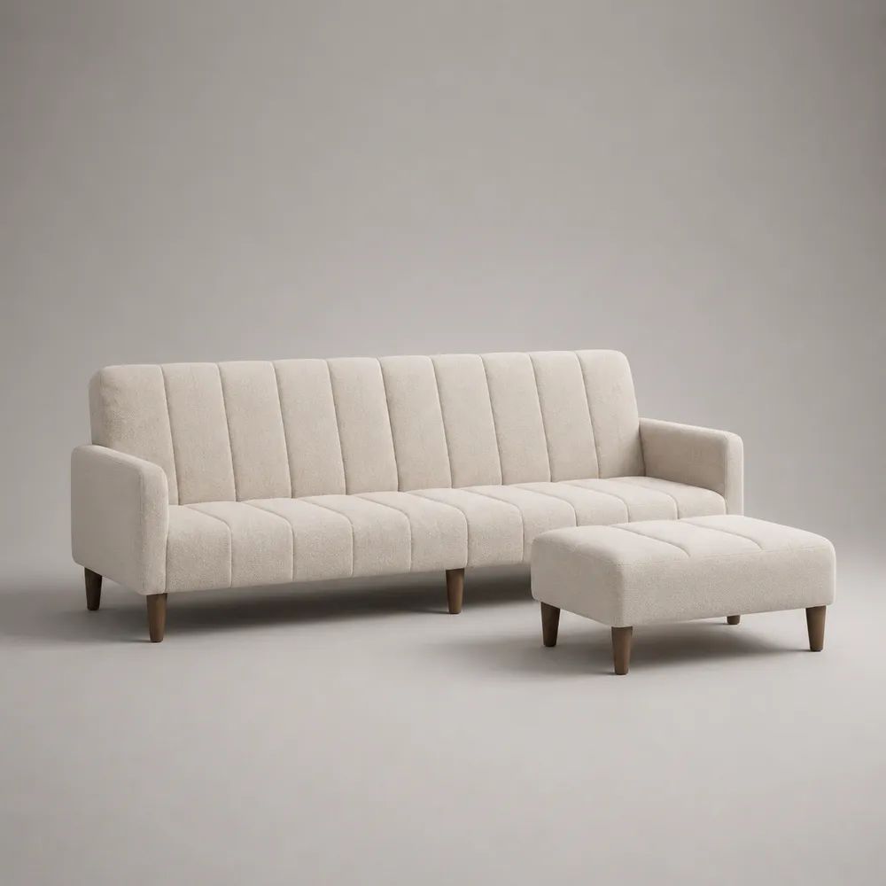 2-teiliges 3-Sitzer-Sofa mit Hocker, Bouclébezug, Cremeweiß/Braun, Sofa 190 × 80 × 82 cm, Hocker 80 × 60 × 42 cm