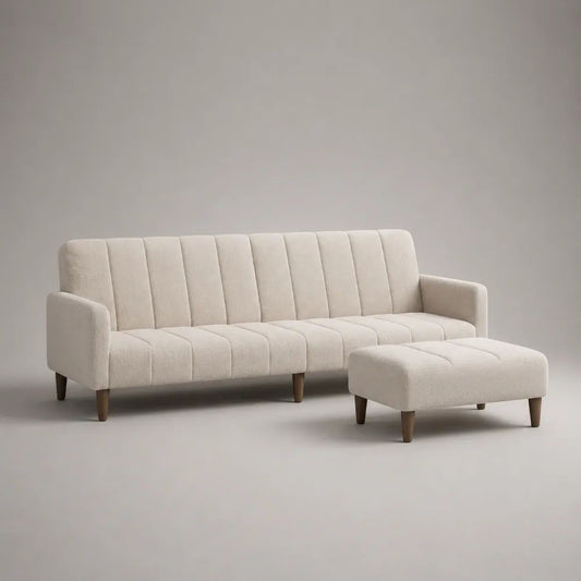 2-teiliges 3-Sitzer-Sofa mit Hocker, Bouclébezug, Cremeweiß/Braun, Sofa 190 × 80 × 82 cm, Hocker 80 × 60 × 42 cm