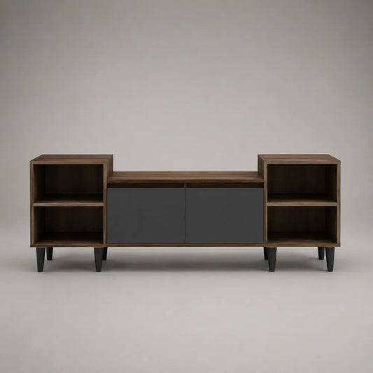 TV-Lowboard aus melaminbeschichteter Spanplatte mit 2 Türen und 4 offenen Fächern, Walnussbraun/Anthrazit, 180 × 40 × 72 cm
