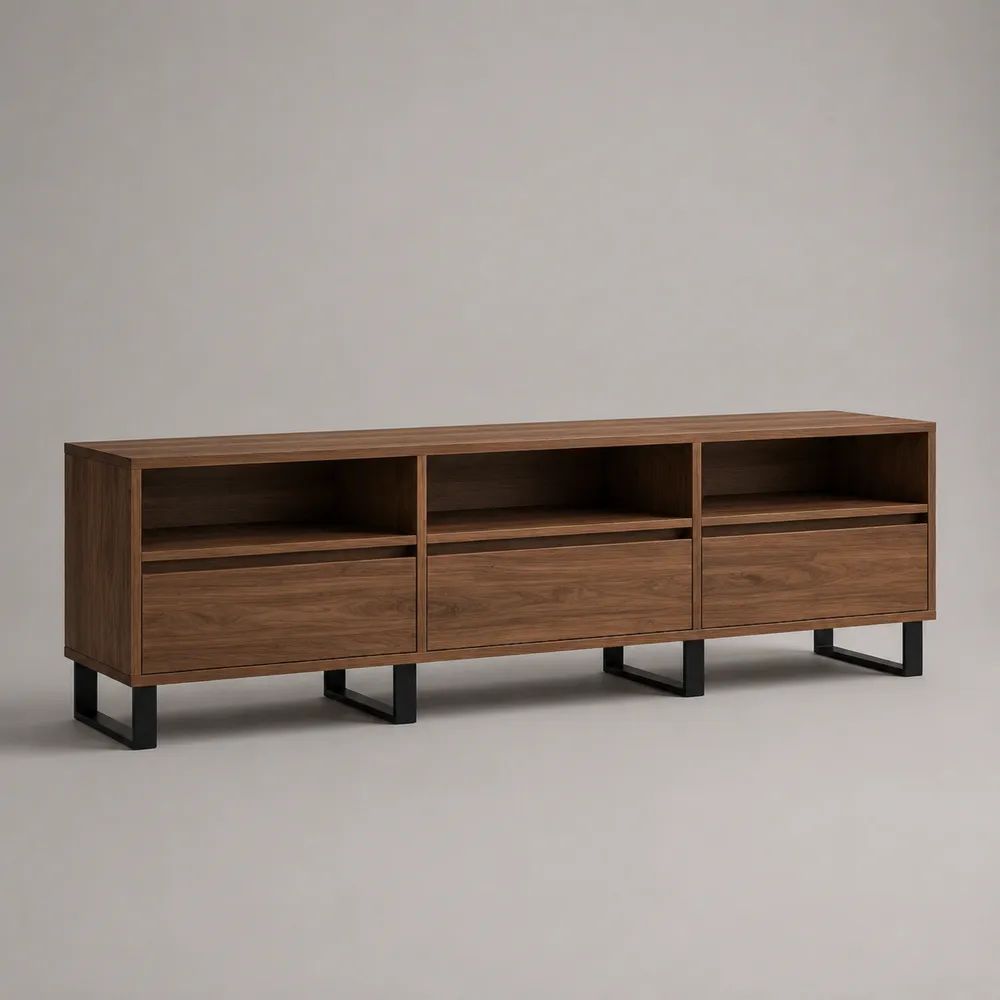 TV-Lowboard aus MDF mit Walnussfurnier und Stahlgestell, Braun/Schwarz, 180 × 40 × 70 cm
