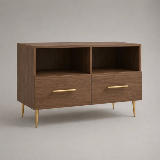 TV-Schrank Lowboard aus MDF mit 2 Schubladen und 2 offenen Fächern, Walnussbraun/Gold, 100 × 40 × 80 cm