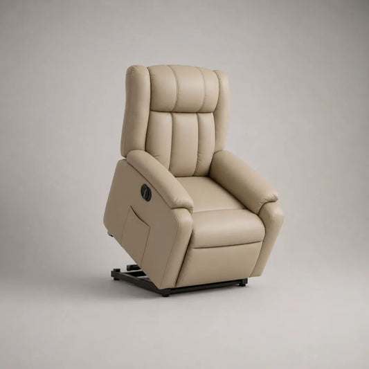 Elektrischer Aufstehsessel mit Liegefunktion, PU-Leder, Stahlgestell, Hochlehner, Beige, 78 × 92 × 105 cm