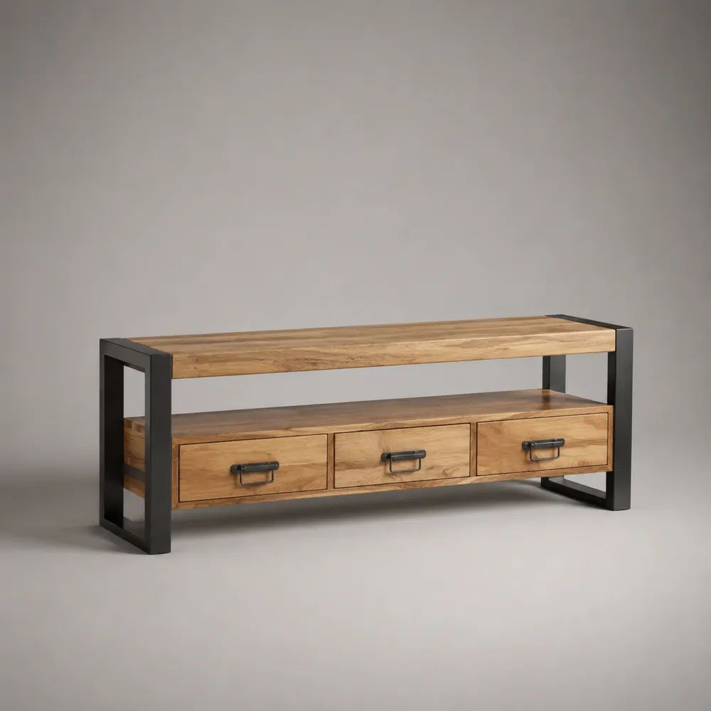 TV-Lowboard aus massivem Mangoholz und Stahl mit 3 Schubladen und offener Ablage, Braun/Schwarz, 140 x 40 x 60 cm