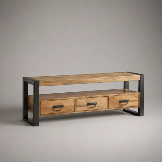 TV-Lowboard aus massivem Mangoholz und Stahl mit 3 Schubladen und offener Ablage, Braun/Schwarz, 140 x 40 x 60 cm