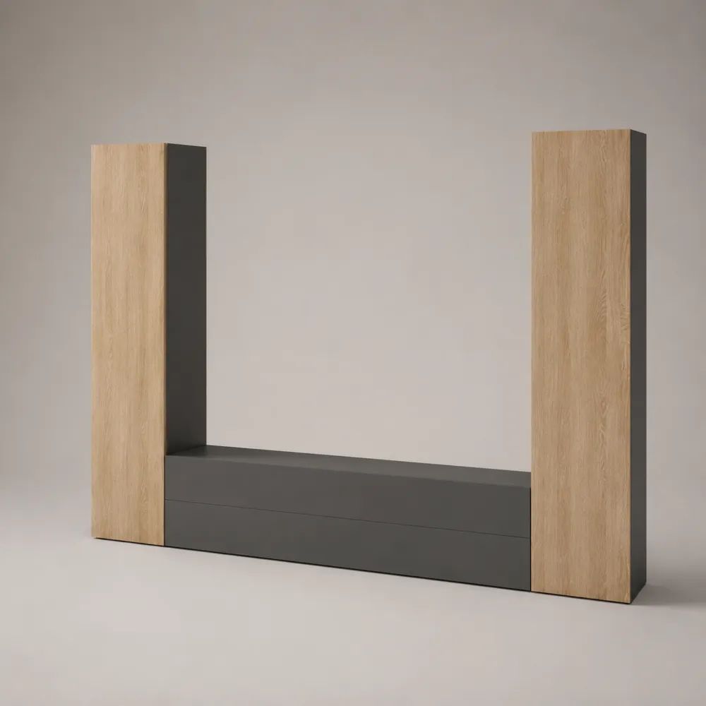 3-teilige Wohnwand aus Spanplatte mit TV-Lowboard und 2 Hochschränken, Natur-Eiche/Anthrazit, 240 x 40 x 180 cm