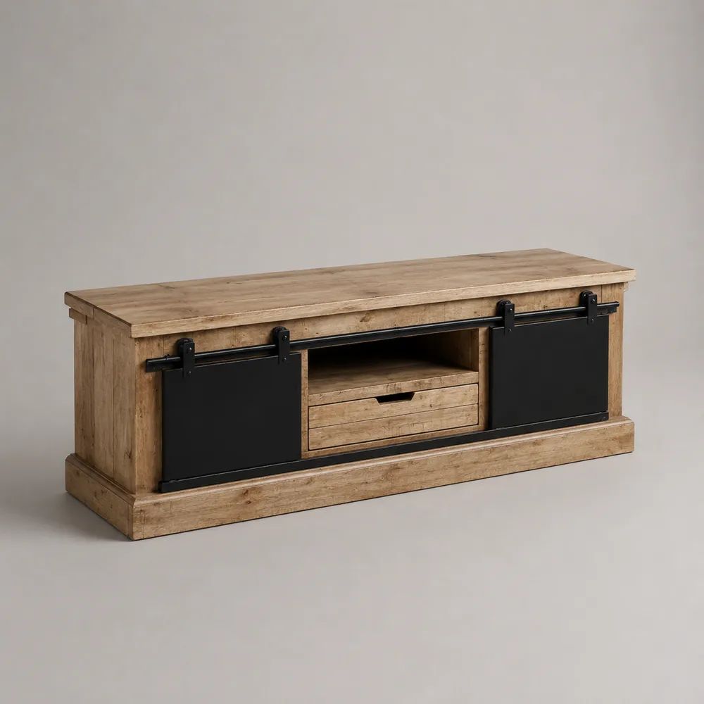 TV-Lowboard aus Holz und Metall mit 2 Schiebetüren und Schublade, Eichefarben/Schwarz, 140 × 40 × 55 cm
