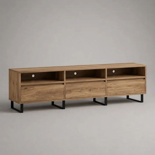 TV-Lowboard mit 3 offenen und 3 geschlossenen Fächern aus massiver Eiche und Stahl, Naturbraun/Schwarz, 180 × 40 × 55 cm