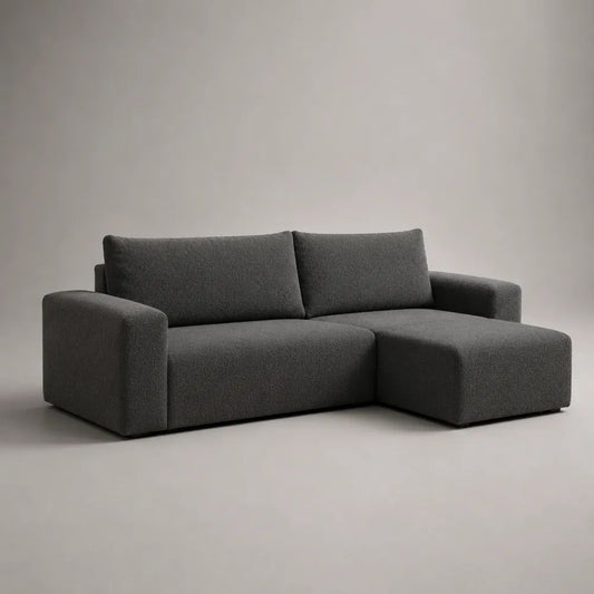 Ecksofa mit Ottomane rechts, 3-Sitzer aus Polyester-Bouclé, Dunkelgrau, L-Form, 230 x 160 x 85 cm