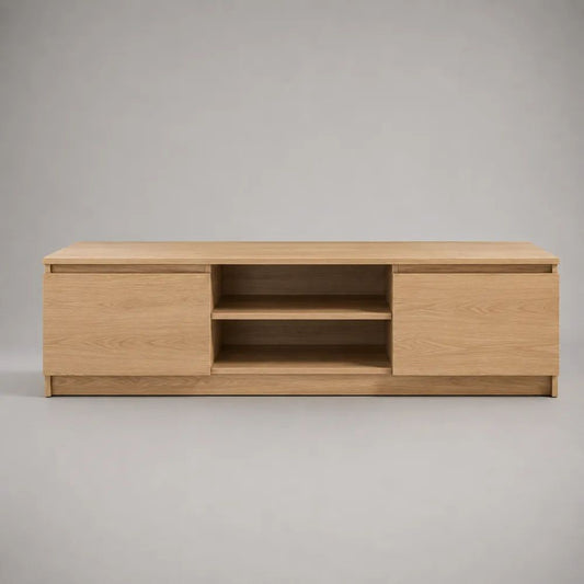 TV-Lowboard aus MDF mit Eichenfurnier, 2 Türen und 2 offenen Fächern, Eiche Natur, 180 × 40 × 60 cm